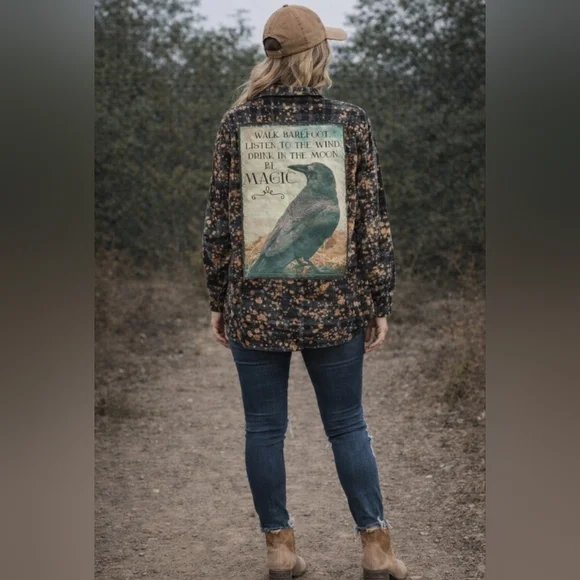 Angry Minnow Bleach Splatter Flannel Shirt Raven Graphic Boho Grunge Witchy XXL - Picture 12 of 16